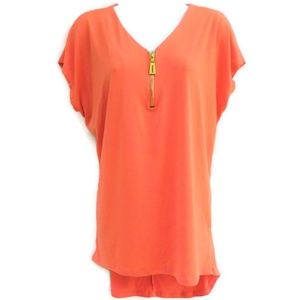 Carmen Marc Valvo Tunic V Neck Orange Goldtone Quarter Zip Hi Low Curve Hem L
